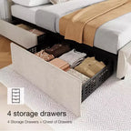 Struttura letto Whizmax con 4 cassetti contenitore, struttura letto a piattaforma imbottita in lino con testiera regolabile, capitonné con bottoni a rombi, bianco sporco