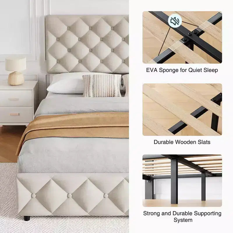 Struttura letto Whizmax con 4 cassetti contenitore, struttura letto a piattaforma imbottita in lino con testiera regolabile, capitonné con bottoni a rombi, bianco sporco