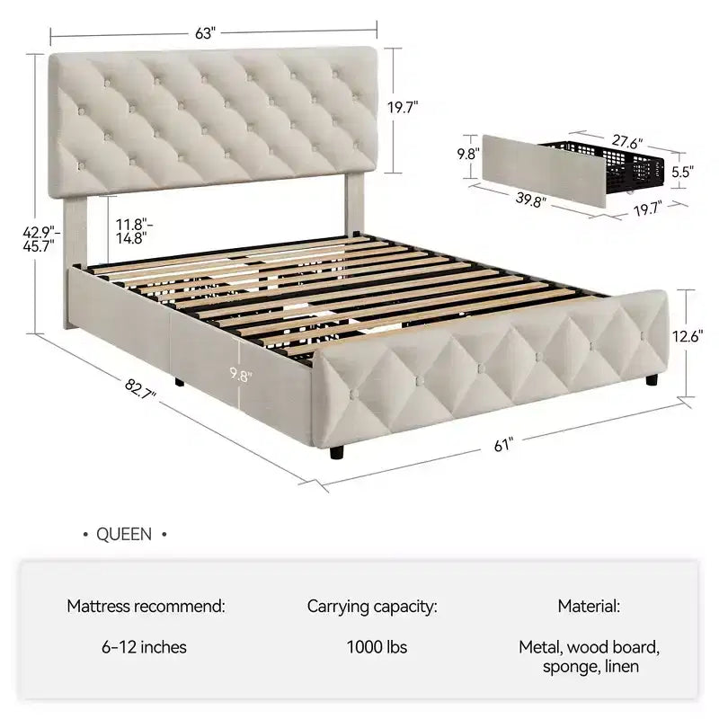 Struttura letto Whizmax con 4 cassetti contenitore, struttura letto a piattaforma imbottita in lino con testiera regolabile, capitonné con bottoni a rombi, bianco sporco