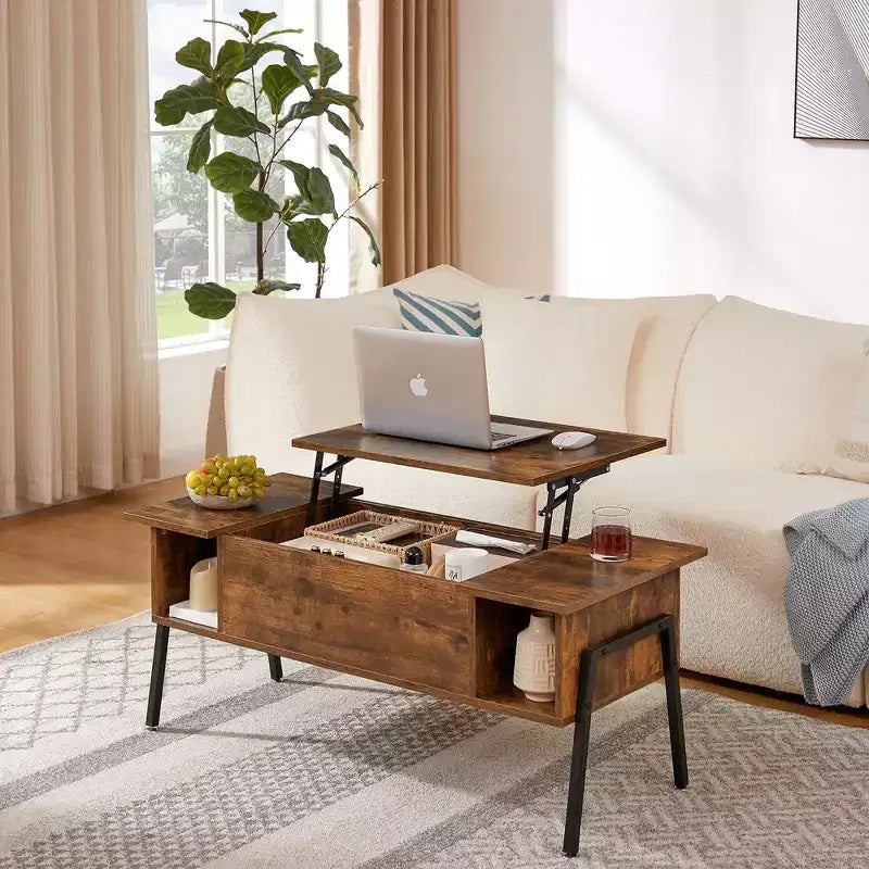VECELO Tavolino da caffè con ripiano sollevabile da 42 pollici con gambe in metallo, tavolo centrale rialzabile con scomparto nascosto e 2 ripiani portaoggetti