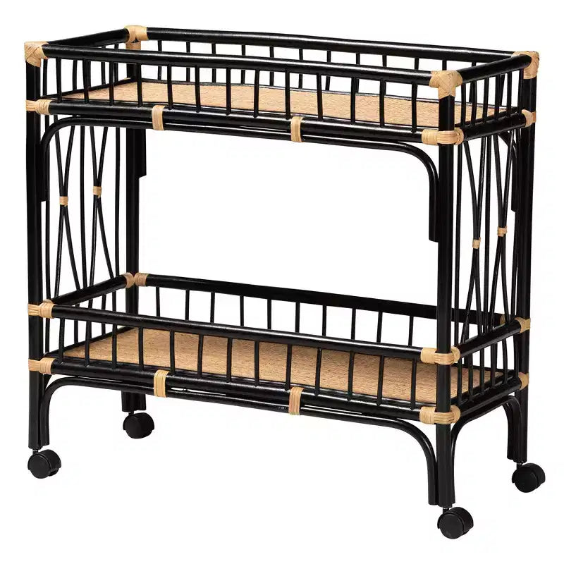 bali & pari Dalinda Carrello da cucina moderno bohémien a due livelli in rattan bicolore nero e marrone naturale