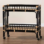 bali & pari Dalinda Carrello da cucina moderno bohémien a due livelli in rattan bicolore nero e marrone naturale