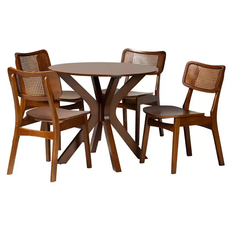 Set da pranzo di 5 pezzi Baxton Studio Linnet in legno e rattan, stile moderno di metà secolo