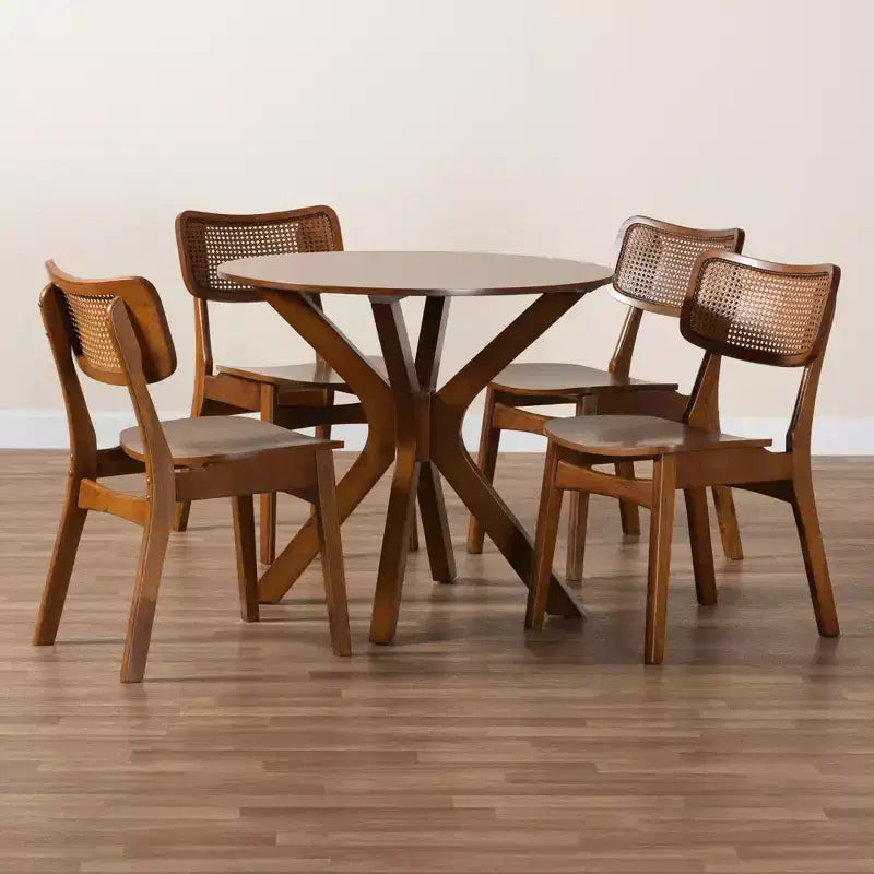 Set da pranzo di 5 pezzi Baxton Studio Linnet in legno e rattan, stile moderno di metà secolo
