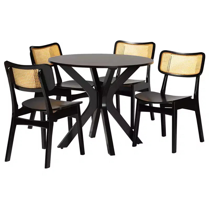 Set da pranzo di 5 pezzi Baxton Studio Linnet in legno e rattan, stile moderno di metà secolo