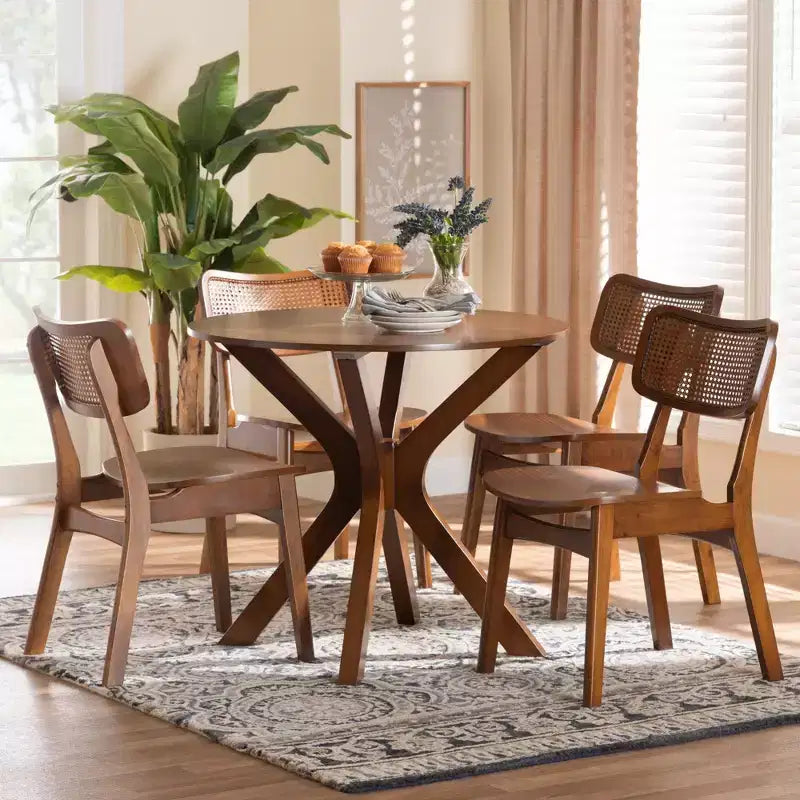 Set da pranzo di 5 pezzi Baxton Studio Linnet in legno e rattan, stile moderno di metà secolo