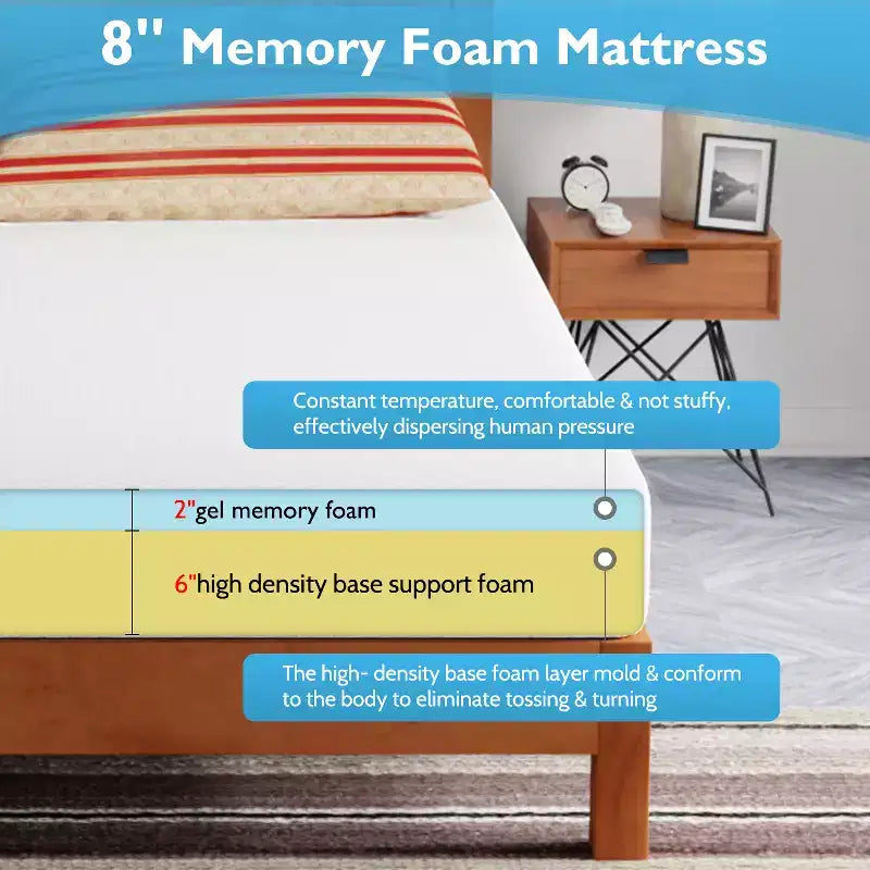 Materasso in memory foam FDW da 8 pollici con gel per un sonno fresco e un sollievo dalla pressione/Certificato CertiPUR-US/Materasso in scatola/Allevia la pressione
