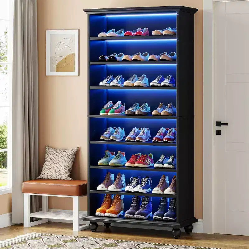 Lantine Scarpiera a 9 Ripiani, 30 Paia, con LED e Gambe in Legno Massello
