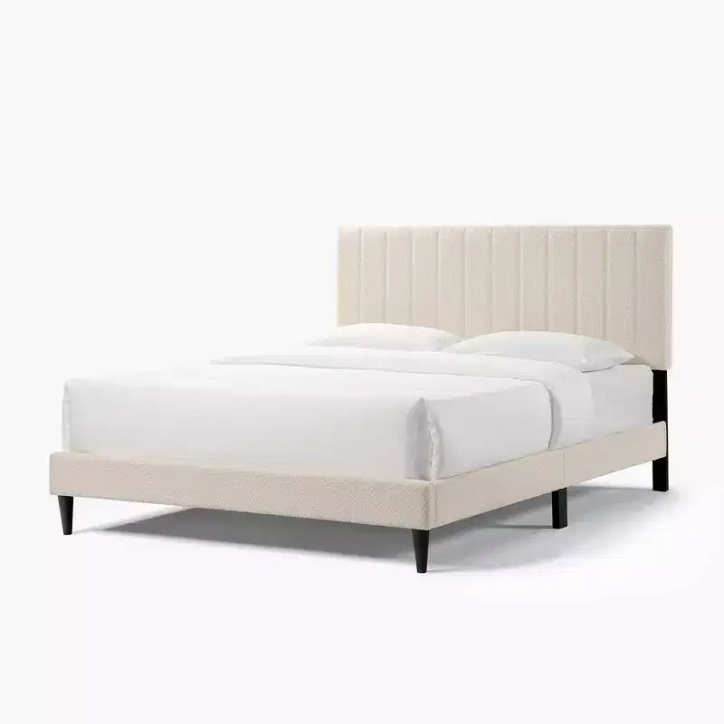 Struttura letto matrimoniale in velluto, testiera ad ali con canali verticali, supporto a doghe in legno, piattaforma senza bisogno di molle a spirale, bianca