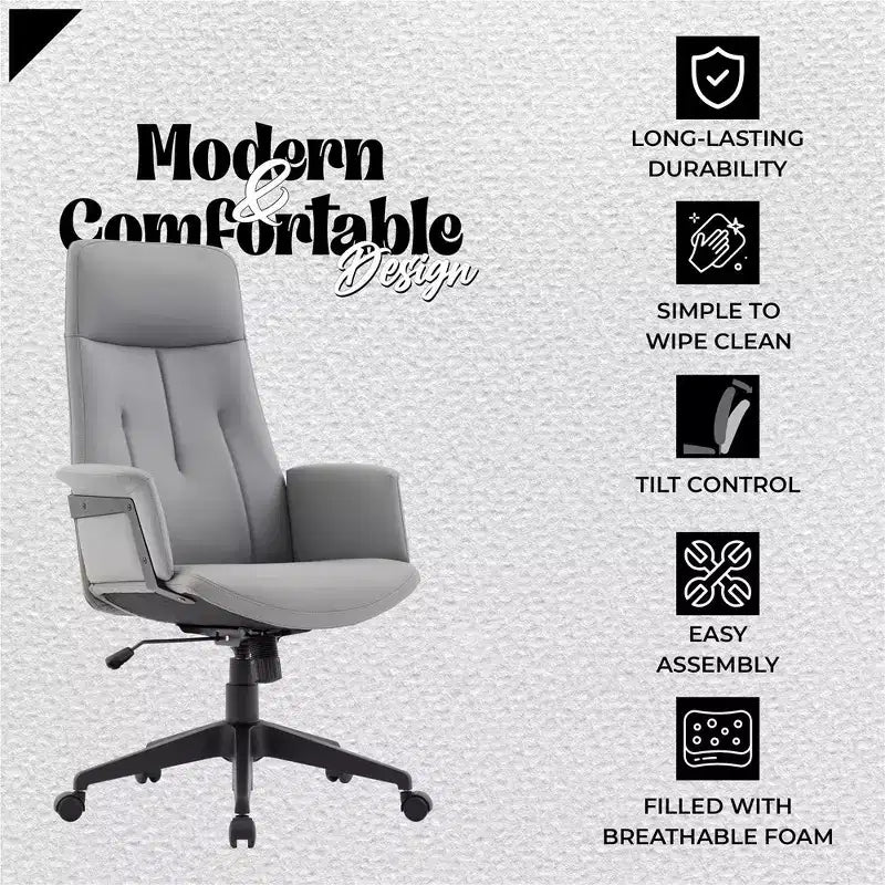 LeisureMod Aiaria Sedia da ufficio ergonomica in pelle con schienale alto Altezza regolabile, girevole e inclinabile, braccioli, sedia da scrivania moderna per ufficio domestico