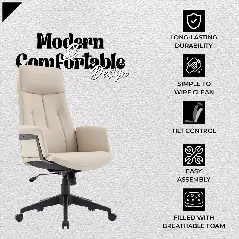 LeisureMod Aiaria Sedia da ufficio ergonomica in pelle con schienale alto Altezza regolabile, girevole e inclinabile, braccioli, sedia da scrivania moderna per ufficio domestico