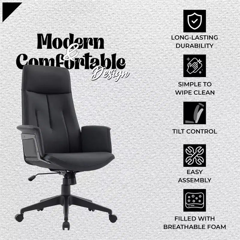 LeisureMod Aiaria Sedia da ufficio ergonomica in pelle con schienale alto Altezza regolabile, girevole e inclinabile, braccioli, sedia da scrivania moderna per ufficio domestico