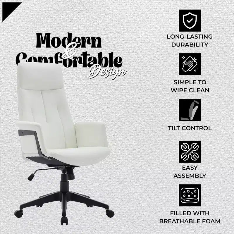 LeisureMod Aiaria Sedia da ufficio ergonomica in pelle con schienale alto Altezza regolabile, girevole e inclinabile, braccioli, sedia da scrivania moderna per ufficio domestico