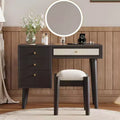 39 Wooden Makeup Vanity Set with Charging Plug &USB Port and Stool, Dressing Table with 3 Storage Drawers and 1 Rectangular Rattan Drawer