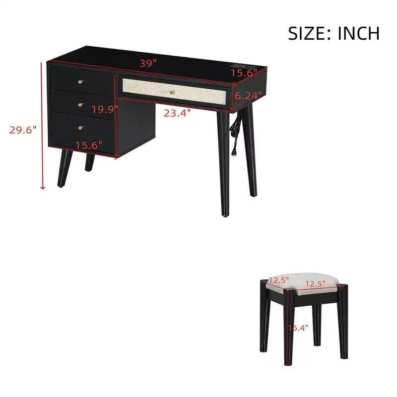39 Set da toeletta in legno con presa di ricarica e porta USB e sgabello, tavolo da trucco con 3 cassetti e 1 cassetto rettangolare in rattan