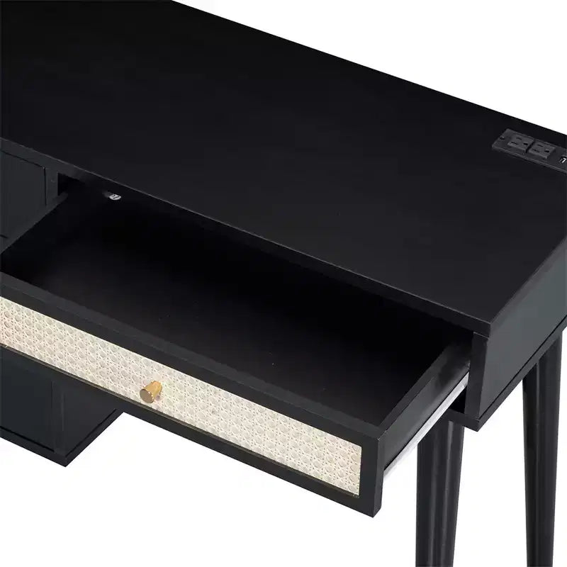 39 Set da toeletta in legno con presa di ricarica e porta USB e sgabello, tavolo da trucco con 3 cassetti e 1 cassetto rettangolare in rattan