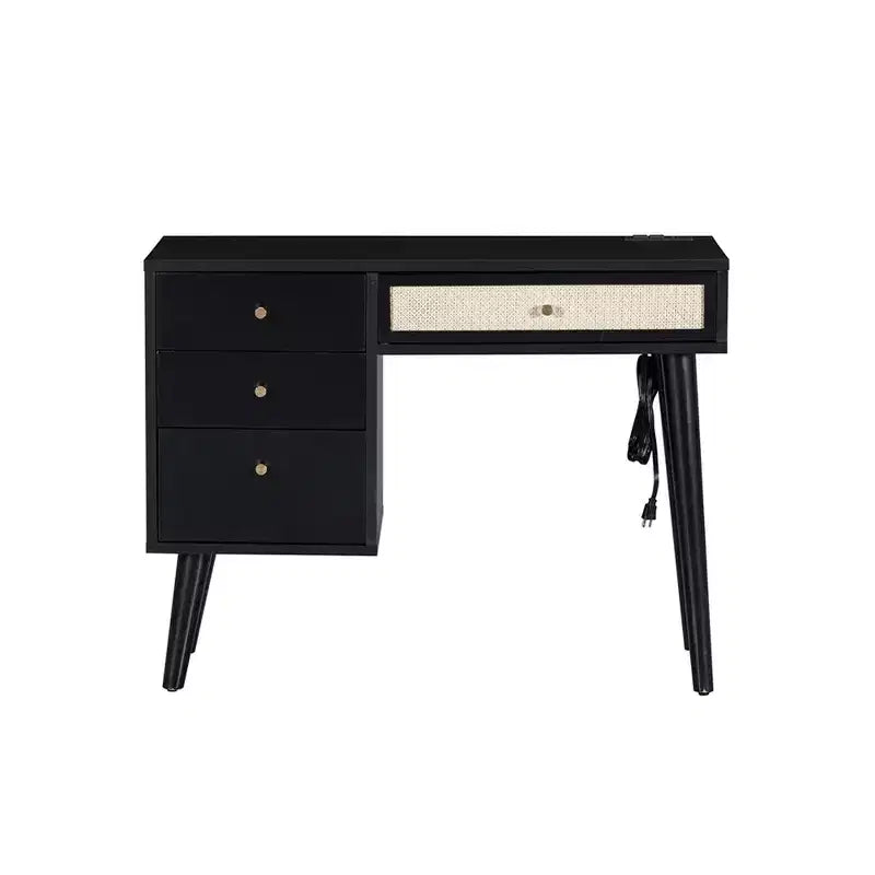39 Set da toeletta in legno con presa di ricarica e porta USB e sgabello, tavolo da trucco con 3 cassetti e 1 cassetto rettangolare in rattan