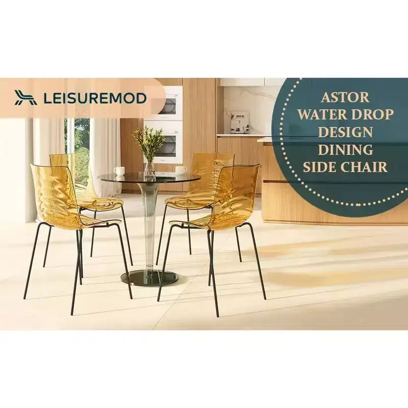 LeisureMod Astor Sedie da pranzo in plastica, set da 4, design a onde d'acqua con gambe in acciaio inossidabile nero, sedie moderne d'accento per cucina, sala da pranzo