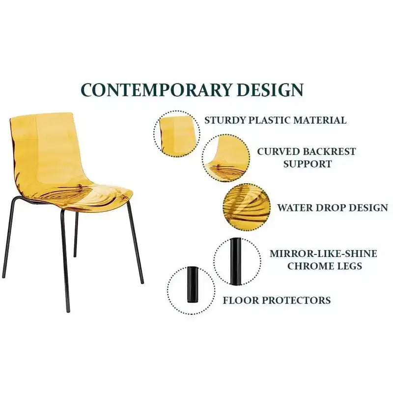 LeisureMod Astor Sedie da pranzo in plastica, set da 4, design a onde d'acqua con gambe in acciaio inossidabile nero, sedie moderne d'accento per cucina, sala da pranzo