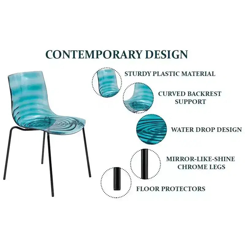 LeisureMod Astor Sedie da pranzo in plastica, set da 4, design a onde d'acqua con gambe in acciaio inossidabile nero, sedie moderne d'accento per cucina, sala da pranzo
