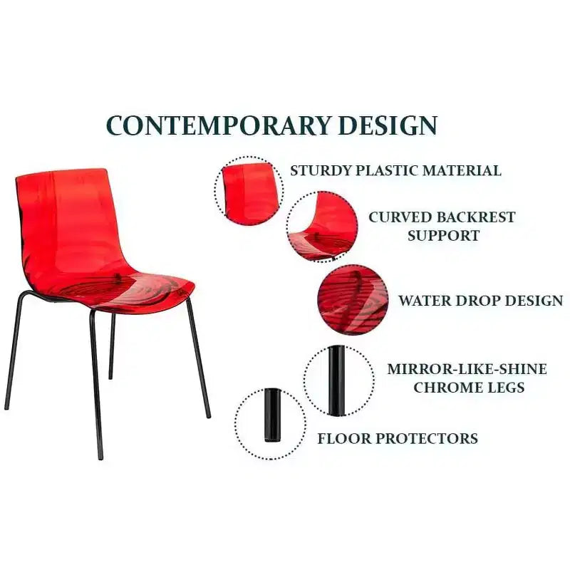 LeisureMod Astor Sedie da pranzo in plastica, set da 4, design a onde d'acqua con gambe in acciaio inossidabile nero, sedie moderne d'accento per cucina, sala da pranzo
