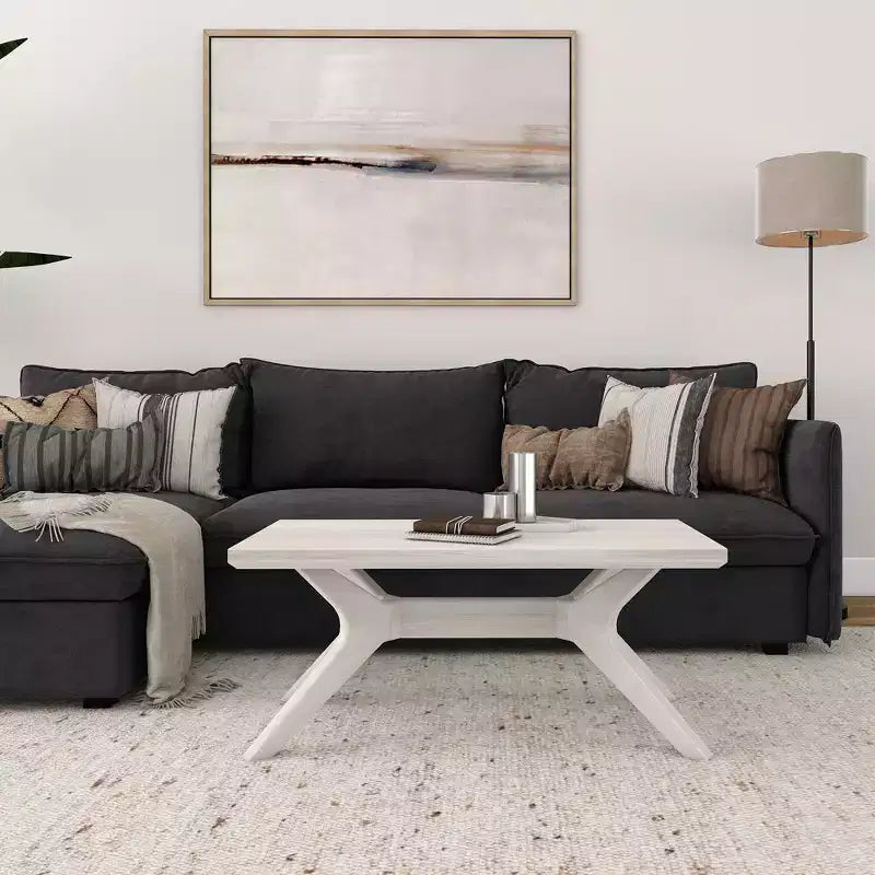 Tavolino rettangolare in legno massello Plank+Beam con gambe incrociate, 40 Tavolino da salotto