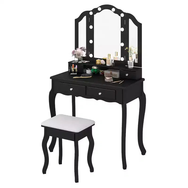 Set toeletta Costway con specchio a tre ante e luci LED, 4 cassetti e ripiano aperto Bianco/Nero