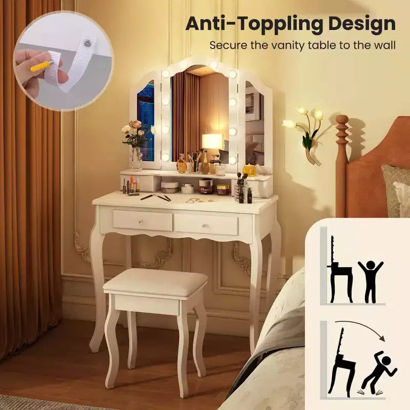 Set toeletta Costway con specchio a tre ante e luci LED, 4 cassetti e ripiano aperto Bianco/Nero