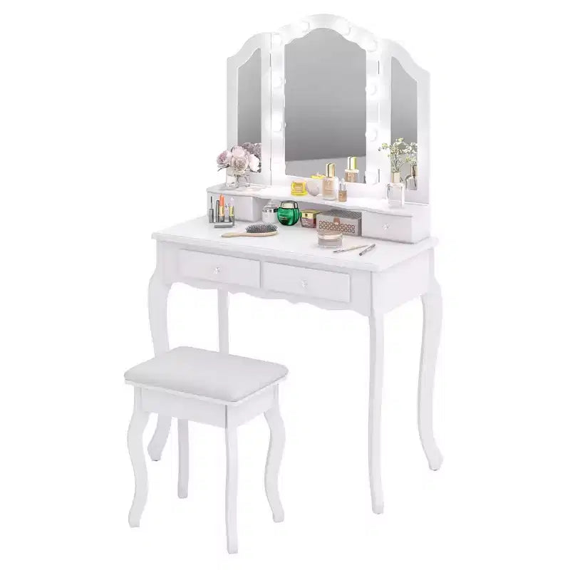 Set toeletta Costway con specchio a tre ante e luci LED, 4 cassetti e ripiano aperto Bianco/Nero