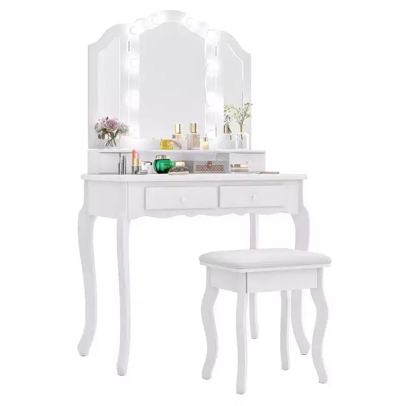 Set toeletta Costway con specchio a tre ante e luci LED, 4 cassetti e ripiano aperto Bianco/Nero