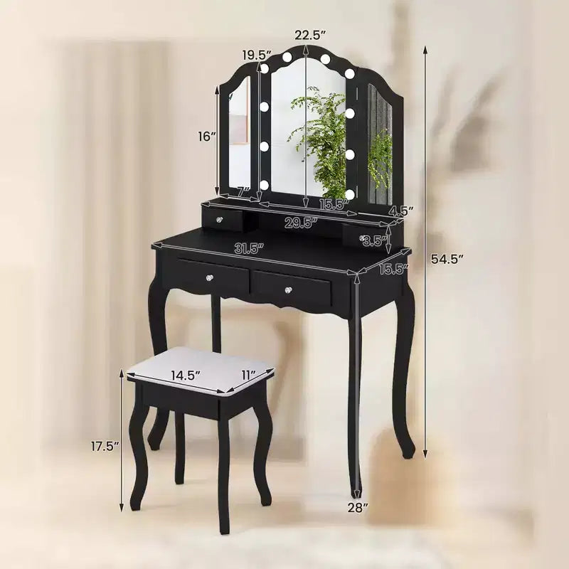 Set toeletta Costway con specchio a tre ante e luci LED, 4 cassetti e ripiano aperto Bianco/Nero