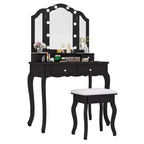 Set toeletta Costway con specchio a tre ante e luci LED, 4 cassetti e ripiano aperto Bianco/Nero