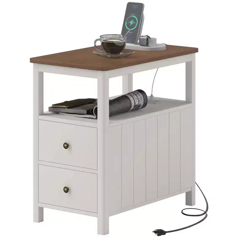 Tavolino laterale stretto HOMCOM con stazione di ricarica e porte USB per soggiorno, tavolino moderno con cassetti, ripiano