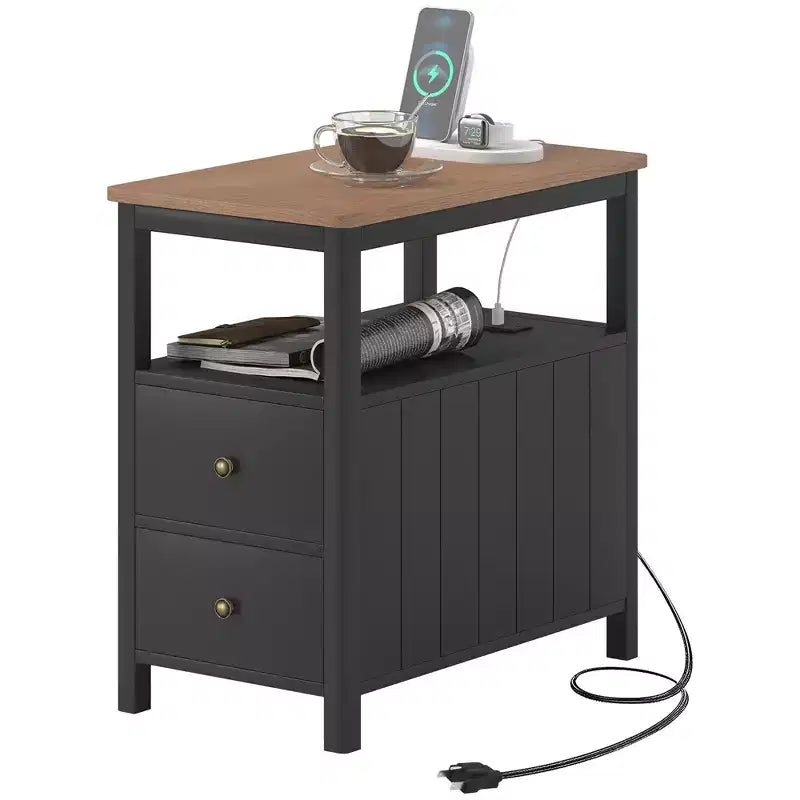 Tavolino laterale stretto HOMCOM con stazione di ricarica e porte USB per soggiorno, tavolino moderno con cassetti, ripiano
