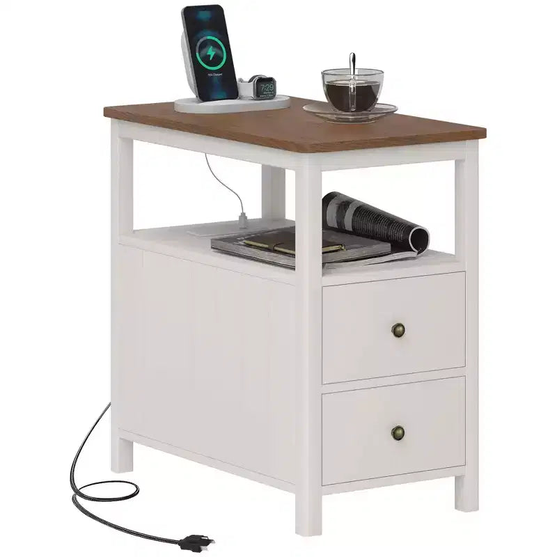 Tavolino laterale stretto HOMCOM con stazione di ricarica e porte USB per soggiorno, tavolino moderno con cassetti, ripiano