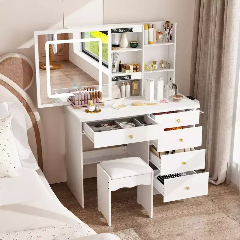 Famapy White Vanity Table Set With Stool,Lighted Makeup Mirror and Charging Station Makeup Vanity Desk Dressing Table Organizer Makeup Vanity Set