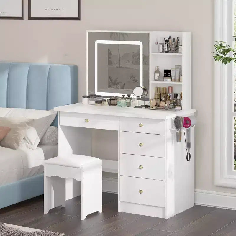 Famapy Toeletta Bianca con Sgabello, Specchio da Trucco Illuminato e Stazione di Ricarica, Tavolo da Trucco, Organizer per Trucchi, Set da Toeletta