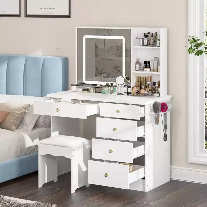 Famapy Toeletta Bianca con Sgabello, Specchio da Trucco Illuminato e Stazione di Ricarica, Tavolo da Trucco, Organizer per Trucchi, Set da Toeletta