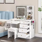 Famapy Toeletta Bianca con Sgabello, Specchio da Trucco Illuminato e Stazione di Ricarica, Tavolo da Trucco, Organizer per Trucchi, Set da Toeletta