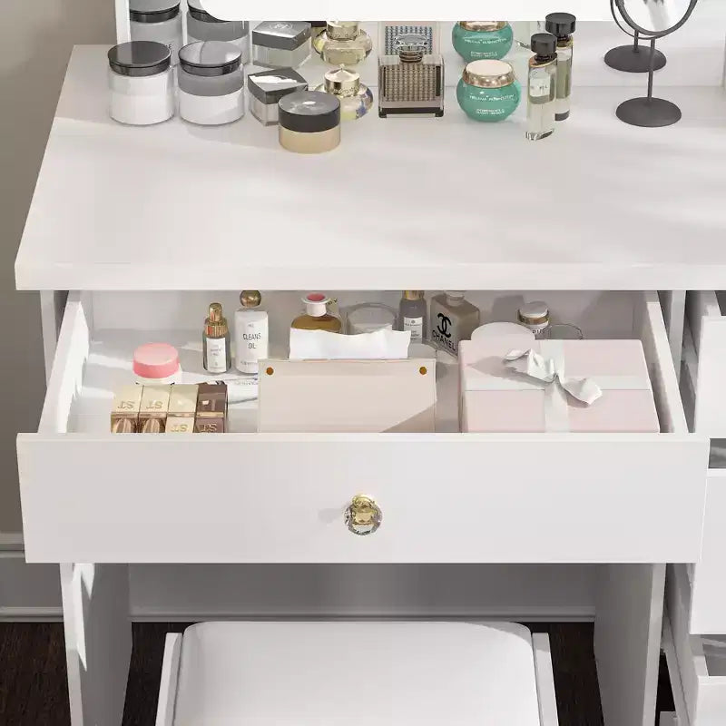 Famapy Toeletta Bianca con Sgabello, Specchio da Trucco Illuminato e Stazione di Ricarica, Tavolo da Trucco, Organizer per Trucchi, Set da Toeletta