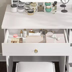 Famapy Toeletta Bianca con Sgabello, Specchio da Trucco Illuminato e Stazione di Ricarica, Tavolo da Trucco, Organizer per Trucchi, Set da Toeletta