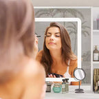 Famapy Toeletta Bianca con Sgabello, Specchio da Trucco Illuminato e Stazione di Ricarica, Tavolo da Trucco, Organizer per Trucchi, Set da Toeletta