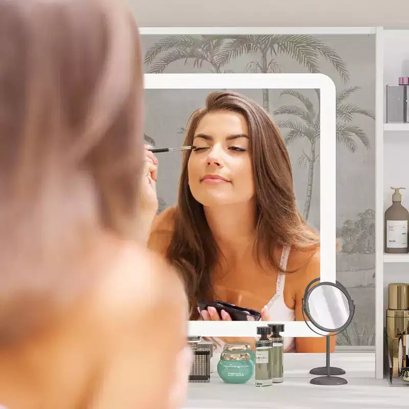 Famapy Toeletta Bianca con Sgabello, Specchio da Trucco Illuminato e Stazione di Ricarica, Tavolo da Trucco, Organizer per Trucchi, Set da Toeletta