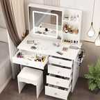 Famapy Toeletta Bianca con Sgabello, Specchio da Trucco Illuminato e Stazione di Ricarica, Tavolo da Trucco, Organizer per Trucchi, Set da Toeletta