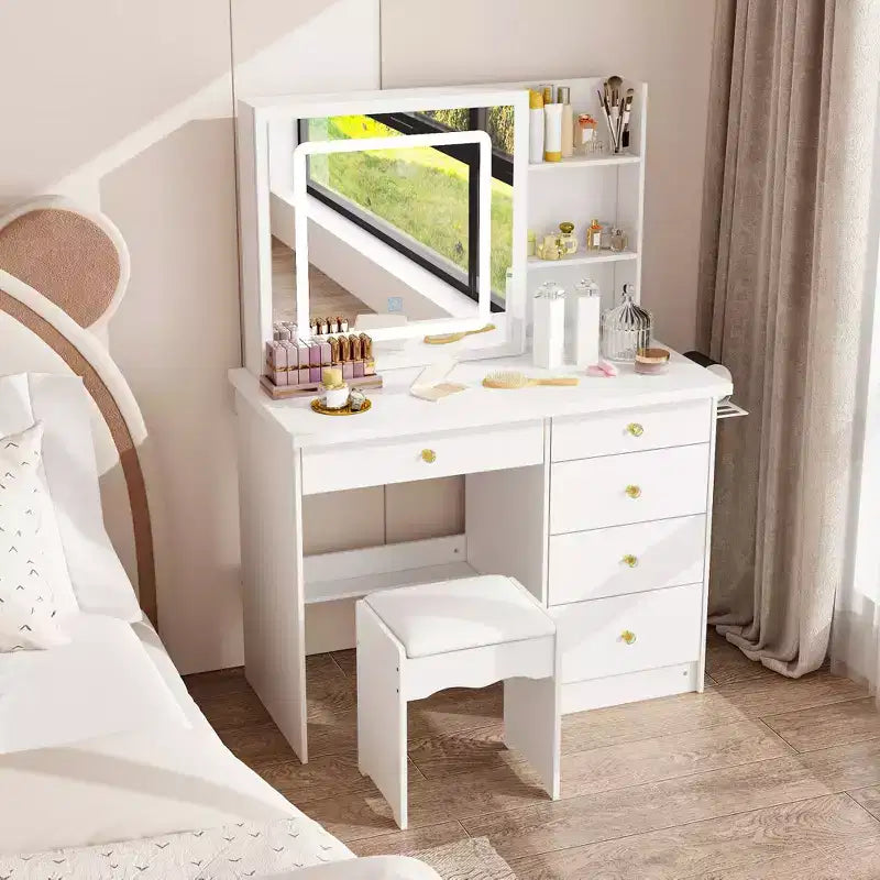Famapy Toeletta Bianca con Sgabello, Specchio da Trucco Illuminato e Stazione di Ricarica, Tavolo da Trucco, Organizer per Trucchi, Set da Toeletta