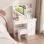 Famapy Toeletta Bianca con Sgabello, Specchio da Trucco Illuminato e Stazione di Ricarica, Tavolo da Trucco, Organizer per Trucchi, Set da Toeletta
