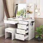 Famapy Toeletta Bianca con Sgabello, Specchio da Trucco Illuminato e Stazione di Ricarica, Tavolo da Trucco, Organizer per Trucchi, Set da Toeletta