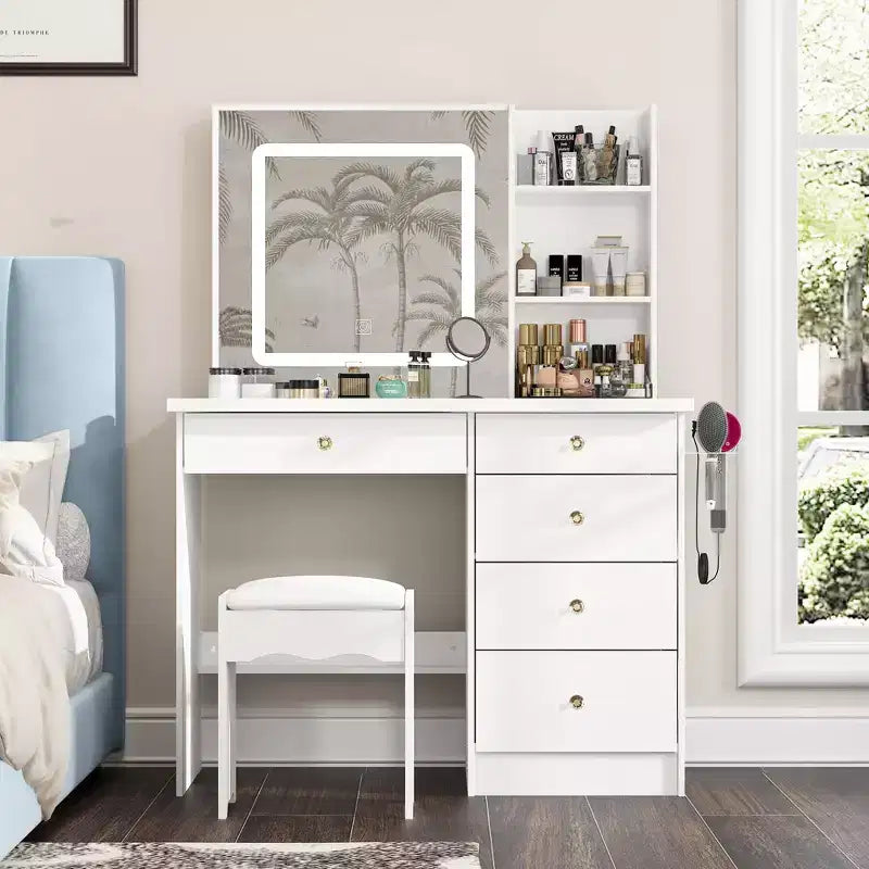Famapy Toeletta Bianca con Sgabello, Specchio da Trucco Illuminato e Stazione di Ricarica, Tavolo da Trucco, Organizer per Trucchi, Set da Toeletta