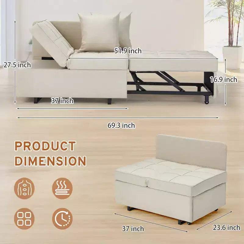 Erommy Poltrona Letto 3 in 1, Divano Letto Estraibile con Schienale Regolabile in 5 Posizioni e Rivestimento in Finta Biancheria