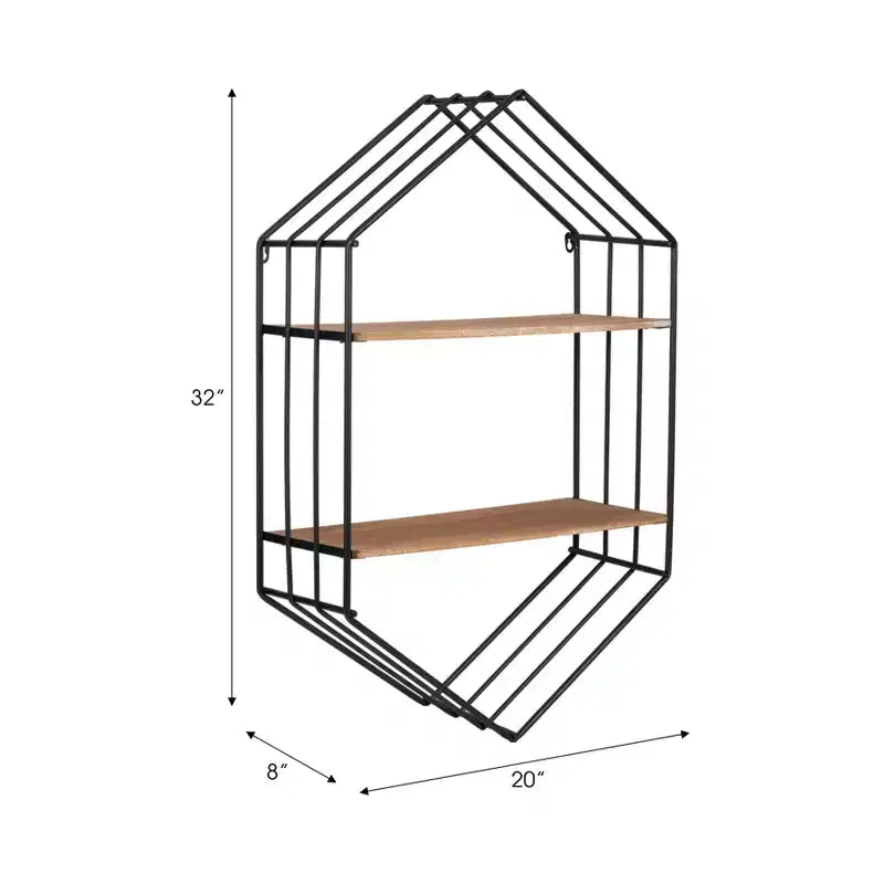 Esagono in Metallo con Ripiani in Legno per Decorazioni per la Casa - Contenitore a Parete Minimalista per Soggiorno, Camera da Leto o Ufficio - 32, Marrone e Nero